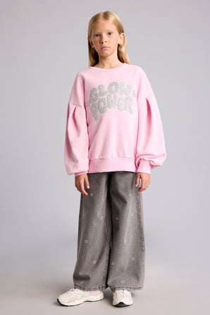 Bisiklet Yaka Baskılı Balon Kol Sweatshirt Kız Çocuk