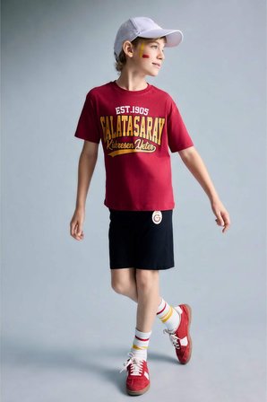 DeFacto %100 Pamuk Galatasaray Kısa Kollu Pijama Üstü Şort Pijama Alt 2'li Pijama Takımı Erkek Çocuk H7340A826HSRD119