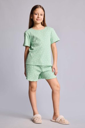 DeFacto Regular Fıt Puantiyeli Fitilli Kaşkorse 2'li Pijama Takımı Kız Çocuk H8103A826HSGN1136