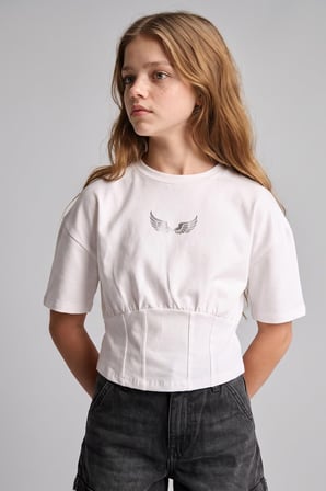 DeFacto Regular Fit Bisiklet Yaka Baskılı Korse Detaylı Kısa Kollu Tişört Kız Çocuk I6178A826SMER99