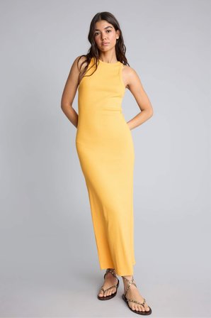 Bodycon Vücudu Saran Halter Yaka Ribana Kolsuz Açık Mavi Maxi Elbise