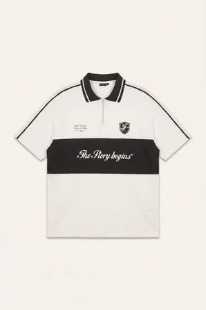Boxy Fıt Polo Yaka Slogan Baskılı Kısa Kollu Polo Tişört