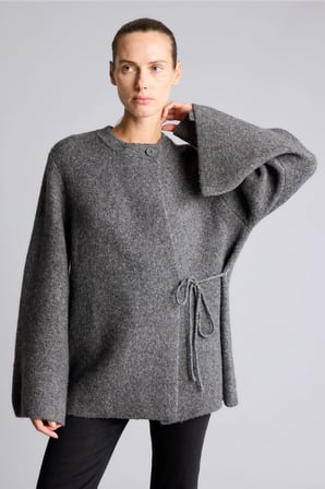 Relaxed Fit Bisiklet Yaka Geniş Kollu Bağcıklı Yün Karışımlı Triko Basic Kazak
