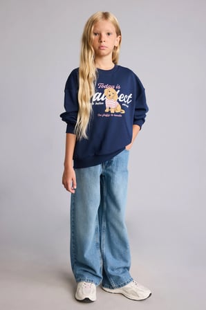 Relax Fıt Bisiklet Yaka Hayvan Desenli Sweatshirt Kız Çocuk