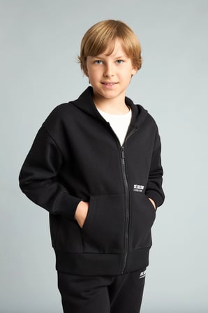 Defacto H9681A8BK81 Siyah Baskılı Kapüşonlu Fermuarlı Cepli Sweatshirt Hırka Erkek Çocuk