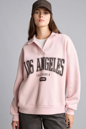Regular Fıt Kaçık Yaka Baskılı Kalın Sweatshirt Kumaşı Sweatshirt
