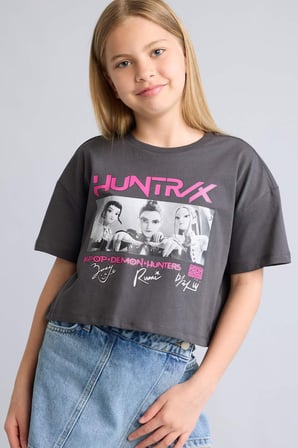 DeFacto Kpop - Demon Hunters Cropped Fıt Bisiklet Yaka Kısa Kollu Antrasit Tişört Kız Çocuk H9477A826HSAR227