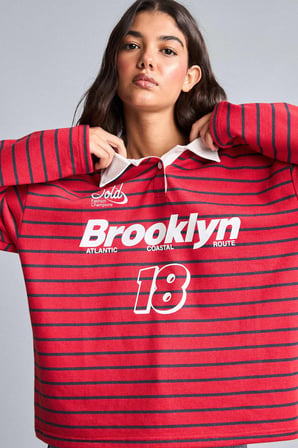 Oversize Polo Yaka Çizgili Baskılı Kalın Kumaş Sweatshirt