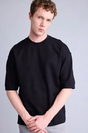 Loose Fit Bisiklet Yaka Kısa Kollu Ağır Kumaş Basic Beyaz Tişört