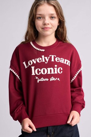 Relax Fıt Bisiklet Yaka Slogan Baskılı Sweatshirt Kız Çocuk