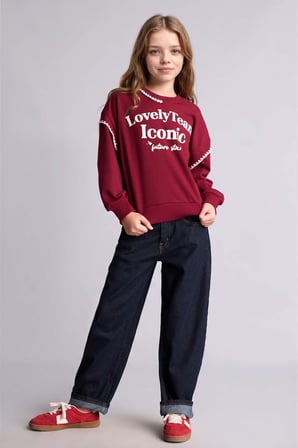 Relax Fıt Bisiklet Yaka Slogan Baskılı Sweatshirt Kız Çocuk