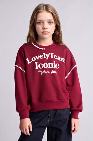 Relax Fıt Bisiklet Yaka Slogan Baskılı Sweatshirt Kız Çocuk