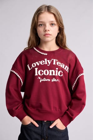 Relax Fıt Bisiklet Yaka Slogan Baskılı Sweatshirt Kız Çocuk
