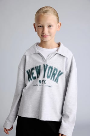 DeFacto Relax Fit Polo Yaka Kolej Baskılı Crop Sweatshirt Kız Çocuk I4898A826AUGR421