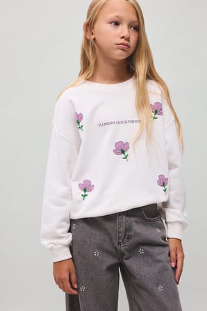 Relax Fit Bisiklet Yaka Nakışlı Çiçekli Uzun Kollu Sweatshirt Kız Çocuk
