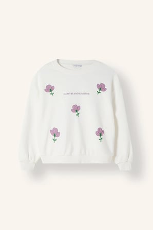 Relax Fit Bisiklet Yaka Nakışlı Çiçekli Uzun Kollu Sweatshirt Kız Çocuk