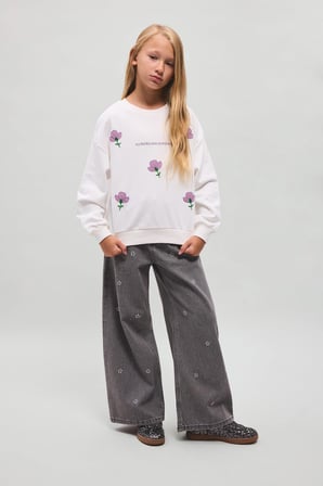 Relax Fit Bisiklet Yaka Nakışlı Çiçekli Uzun Kollu Sweatshirt Kız Çocuk