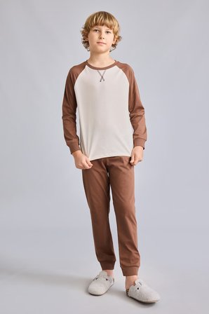 DeFacto %100 Pamuk Bisiklet Yaka Reglan Uzun Kollu Üst Lastik Paça Alt 2'li Pijama Takımı Erkek Çocuk I1443A826AUBN321