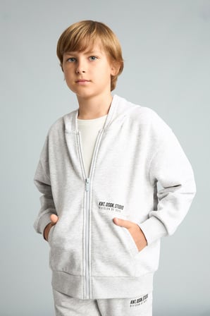 Baskılı Kapüşonlu Fermuarlı Cepli Sweatshirt Hırka Erkek Çocuk