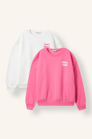 Relaxed Fit Bisiklet Yaka Baskılı 2'li Sweatshirt Kız Çocuk