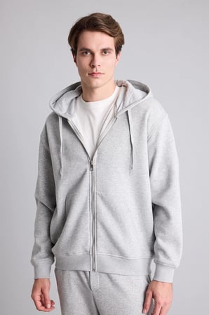 DeFacto Relax Fit Kapüşonlu İçi Yumuşak Tüylü Basic Düz Cepli Kalın Fermuarlı Sweatshirt D7599AX26AUGR210