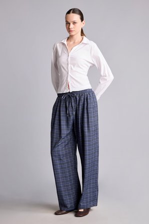 Ekose Desenli Bağcıklı Beli Lastikli Wide Leg Pantolon