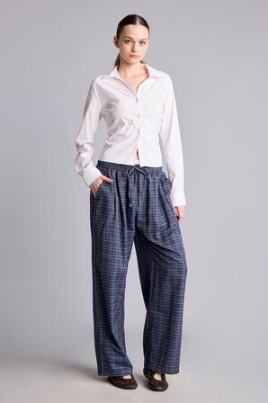 Ekose Desenli Bağcıklı Beli Lastikli Wide Leg Pantolon