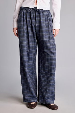 Ekose Desenli Bağcıklı Beli Lastikli Wide Leg Pantolon