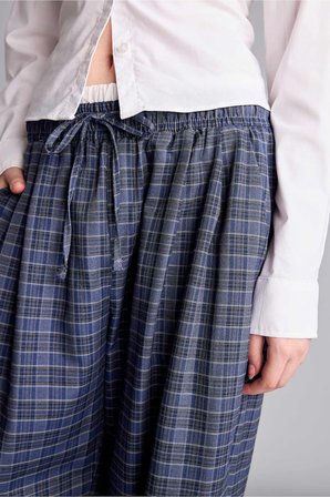 Ekose Desenli Bağcıklı Beli Lastikli Wide Leg Pantolon