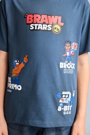 %100 Pamuk Brawl Stars Lisanslı New Regular Fıt Bisiklet Yaka Kısa Kollu Lacivert Tişört Erkek Çocuk