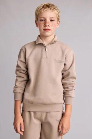 Regular Fit Yarım Fermuarlı Dik Yaka İçi Yumuşak Tüylü Yazı İşlemeli Sweatshirt Erkek Çocuk