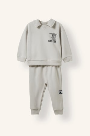 Baskılı Uzun Kollu Sweatshirt Üst Lastikli Paça Eşofman Altı 2'li Takım Erkek Bebek