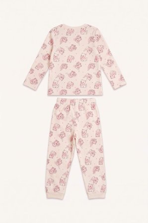 DeFacto %100 Pamuk Kedi Baskılı Bisiklet Yaka Uzun Kollu Pijama Üstü Esnek Belli Uzun Pijama Altı 2'li Pijama Takımı Kız Bebek I3230A526AUER233