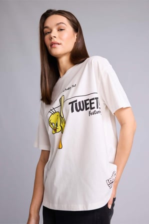 Looney Tunes Oversıze Bisiklet Yaka Baskılı Kısa Kollu Tişört