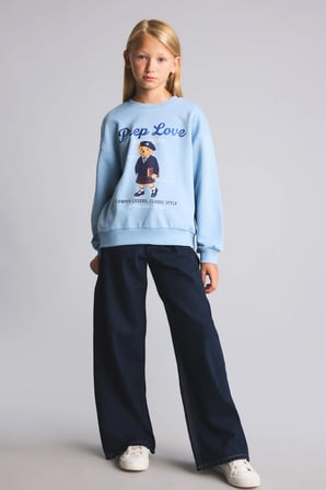Relaxed Fit Bisiklet Yaka Ayıcık Baskılı Sweatshirt Kız Çocuk