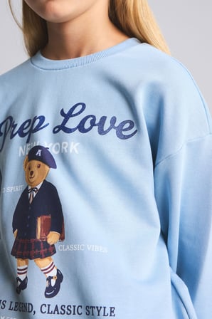 Relaxed Fit Bisiklet Yaka Ayıcık Baskılı Sweatshirt Kız Çocuk