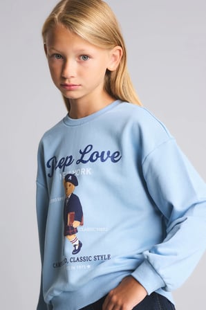 Relaxed Fit Bisiklet Yaka Ayıcık Baskılı Sweatshirt Kız Çocuk
