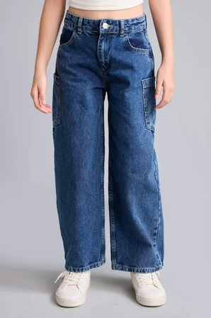 %100 Pamuk Baggy Fıt Jean Lacivert Pantolon Kız Çocuk