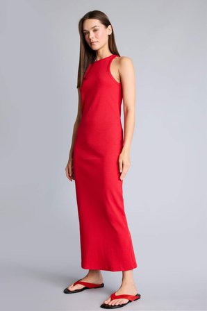 Bodycon Vücudu Saran Halter Yaka Ribana Kolsuz Siyah Maxi Elbise