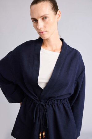 Keten Karışımlı Relax Fıt V YakaUzun Kollu Yeşil Kimono