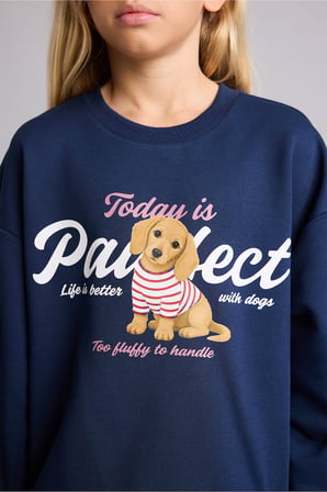 Relax Fıt Bisiklet Yaka Hayvan Desenli Sweatshirt Kız Çocuk