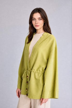 DeFacto Keten Karışımlı Relax Fıt V YakaUzun Kollu Yeşil Kimono F6151AX26SMGN699