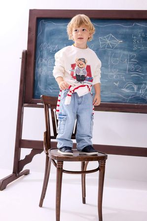 Oversıze Bisiklet Yaka Ayıcık Baskılı Sweatshirt Kumaşı Sweatshirt Erkek Bebek