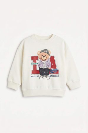 Oversıze Bisiklet Yaka Ayıcık Baskılı Sweatshirt Kumaşı Sweatshirt Erkek Bebek