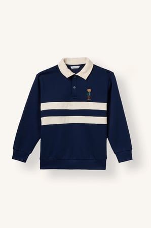Oversize Polo Yaka Çizgili İçi Yumuşak Tüylü Uzun Kollu Sweatshirt Erkek Çocuk