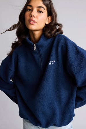 Loose Fit Yarım Fermuarlı Nakış Detaylı Polar Sweatshirt