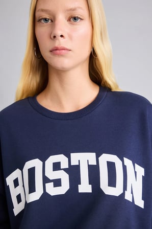 Oversıze Bisiklet Yaka Baskılı Sweatshirt