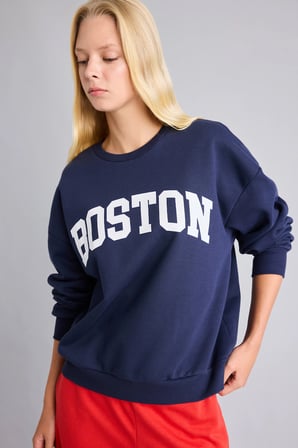 Oversıze Bisiklet Yaka Baskılı Sweatshirt
