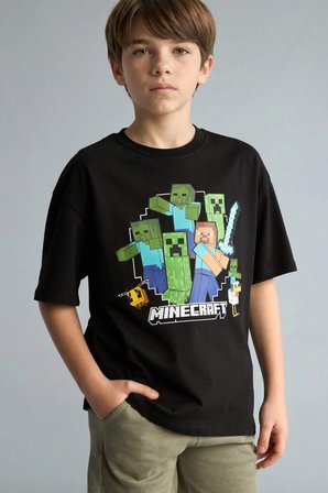 DeFacto %100 Pamuk Minecraft Oversıze Bisiklet Yaka Kısa Kollu Tişört Erkek Çocuk H3512A826SMBK81