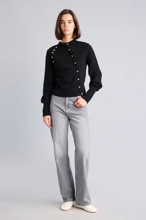 Regular Fit Bisiklet Yaka Asimetrik Düğmeli Basic Hırka